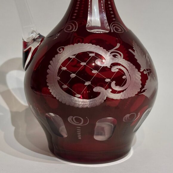 Egermann Bohemian Ruby Red Cut To Clear Etched Glass Cruet Czech Republic 8” - Picture 10 of 12